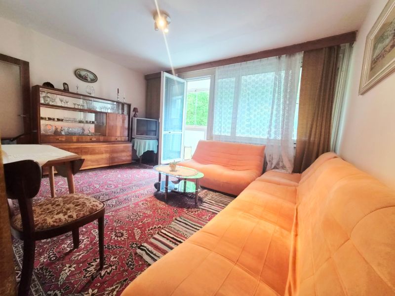 Wohnzimmer in einer 2-Zimmer-Wohnung mit einem orangefarbenen Sofa, einem persischen Teppich und einer Vitrine.