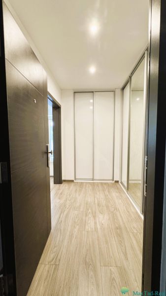 Ein Flur mit einem Spiegelschrank und einem Boden mit Holzdekor in einer 4-Zimmer-Wohnung.