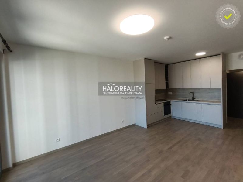 Küche mit Einbaugeräten, Boden mit Holzdekor in einer Einzimmerwohnung.