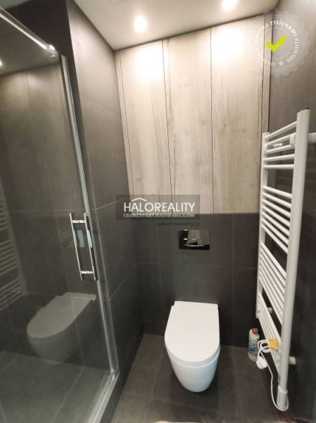 Badezimmerschrank mit Waschbecken in einer Einzimmerwohnung mit Holzdekor und grauen Fliesen.