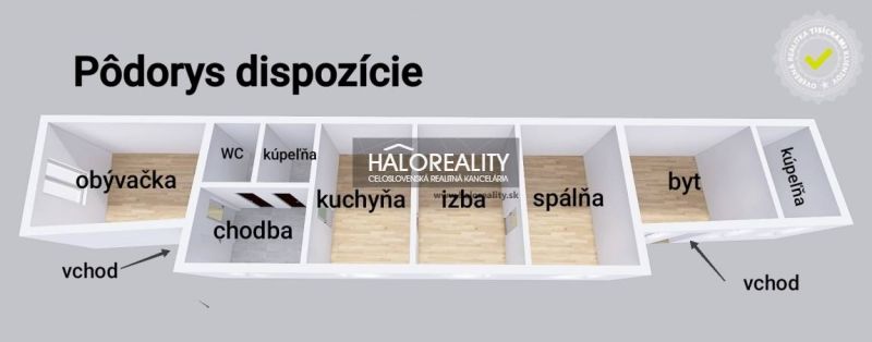Grundriss eines Einfamilienhauses in Malacky mit Wohnzimmer, Küche und Schlafzimmer.
