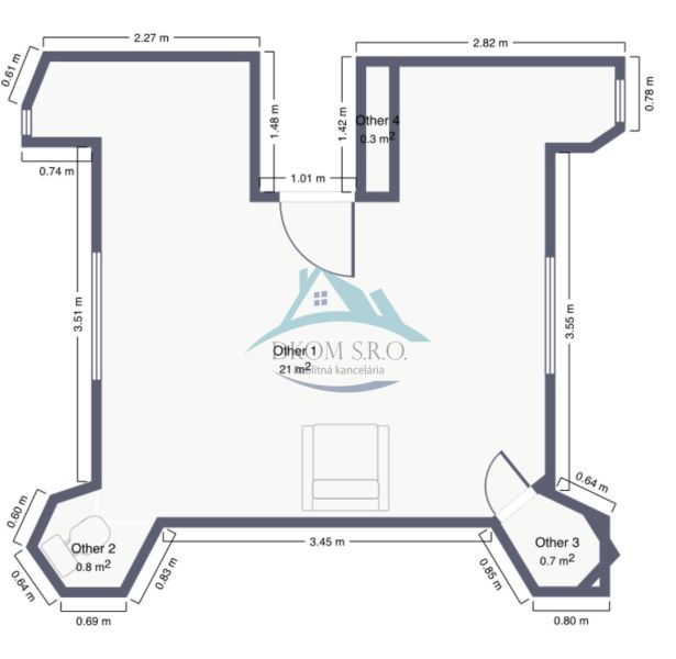 Grundriss eines Büros in einer Hütte mit einer Fläche von 21 m² und vier Nischen.