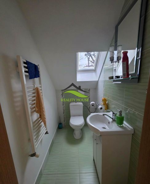Ein Badezimmer in einem Einfamilienhaus mit Dachfenster und grünen Fliesen.