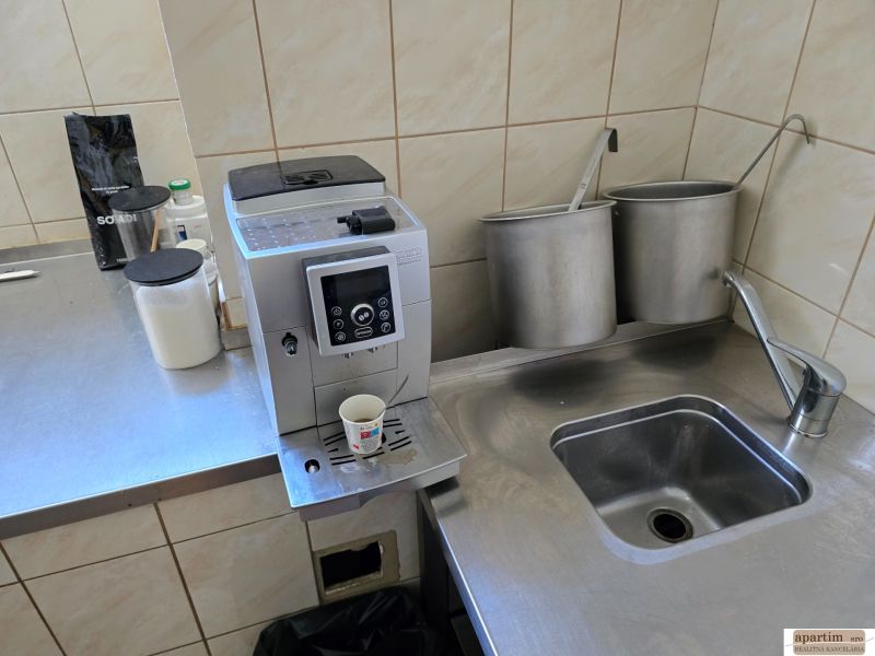 Küchenecke mit Kaffeemaschine, Edelstahlspüle und Utensilien in Gastronomiebereichen.