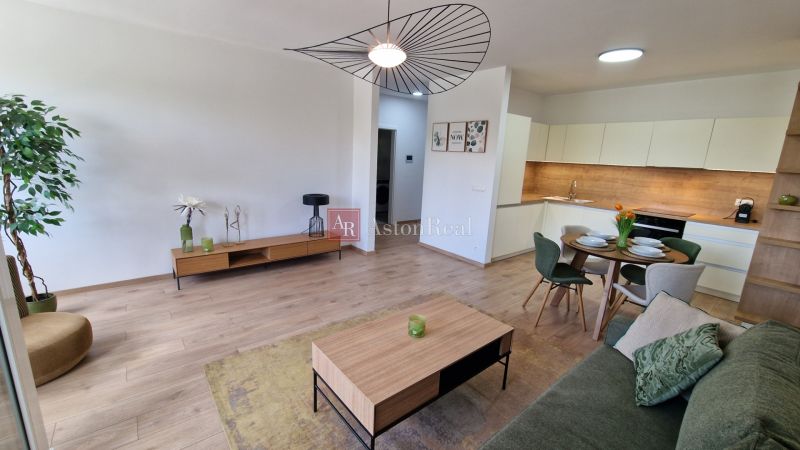 Wohnzimmer mit Küche in einer 2-Zimmer-Wohnung, Boden mit Holzdekor, elegantes Mobiliar.