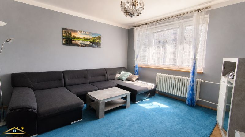 Wohnzimmer in einer 3-Zimmer-Wohnung mit einem dunklen Sofa auf einem blauen Teppich.