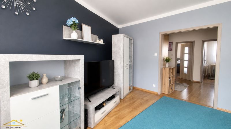 Wohnzimmer in einer 3-Zimmer-Wohnung mit Regalen, Fernseher und Holzboden.