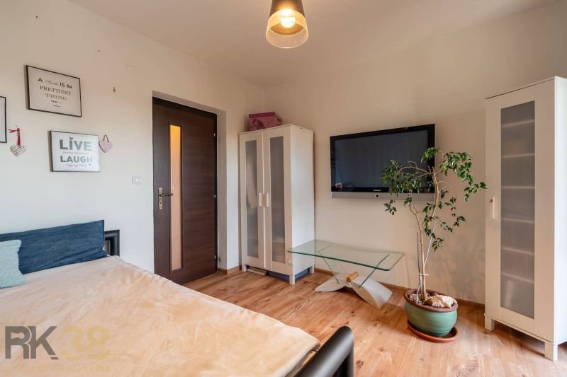 Wohnzimmer in einer 4-Zimmer-Wohnung mit Holzboden, Fernseher und Pflanze.