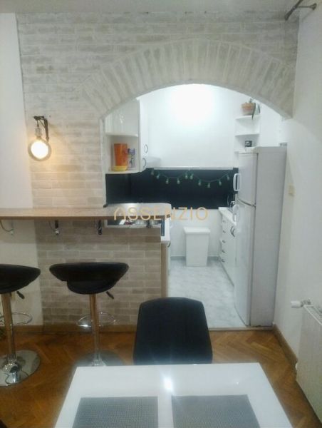 Küchenecke mit Bar, Ziegelbogen, Boden mit Holzdekor, 2-Zimmer-Wohnung.