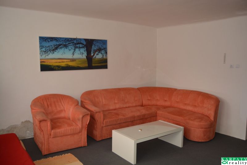 Ein orangefarbenes Sofa und ein Bild im Wohnzimmer eines Einfamilienhauses.