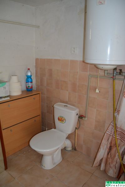 Badezimmer im Einfamilienhaus mit WC, Möbeln, Flasche und Wassererhitzer.