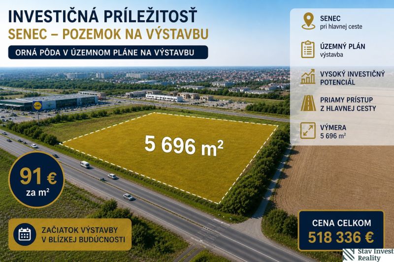 Baugrundstück in Senec mit einer Fläche von 5.696 m², geeignet für den Bau.