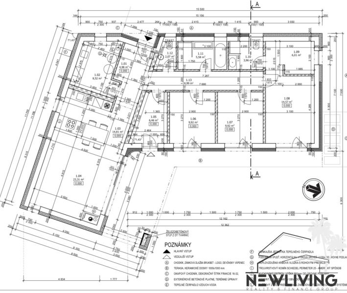 Grundriss eines Einfamilienhauses mit drei Zimmern, Küche und Badezimmer.