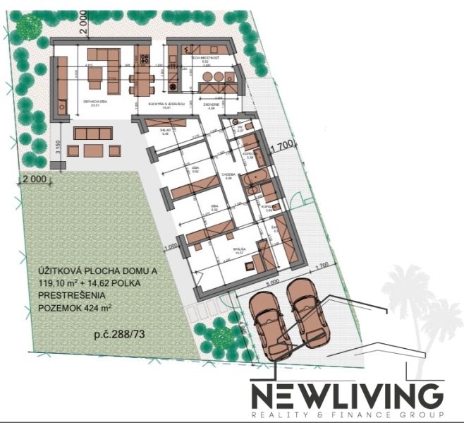 Grundriss eines Einfamilienhauses mit einer Fläche von 119,10 m² auf einem Grundstück von 424 m².