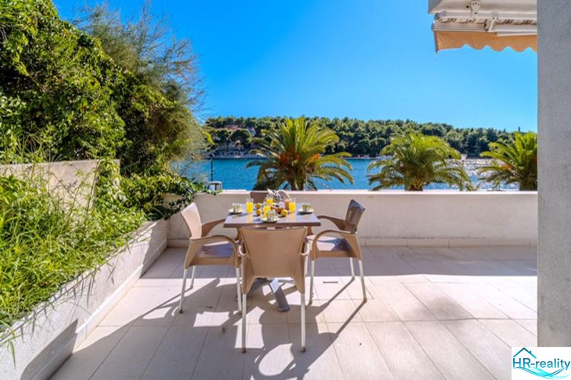 Eine Terrasse mit Meerblick in einer Ferienwohnung auf Brač, umgeben von Natur und Palmen.