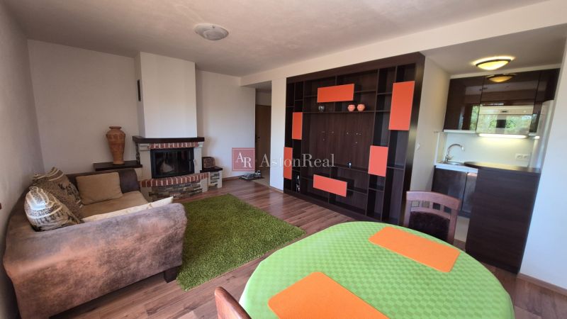 Ferienwohnung mit Holzboden, Kamin und Küchenzeile, gemütliches Interieur.