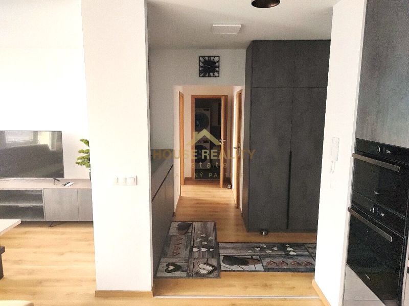 Innenraum einer 2-Zimmer-Wohnung mit Holzboden, Fernseher und Stauraum.