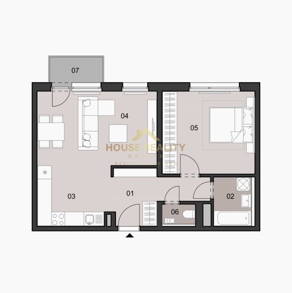 Grundriss einer 2-Zimmer-Wohnung mit Wohnzimmer, Küche, Schlafzimmer und Badezimmer.