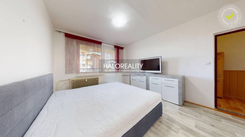 Schlafzimmer in einer 2-Zimmer-Wohnung mit Bett, Fernseher und Holzboden.