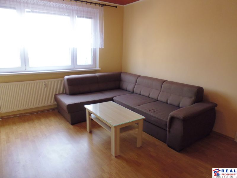 Helles Wohnzimmer in einer 2-Zimmer-Wohnung mit Sofa und Tisch auf einem Boden mit Holzdekor.
