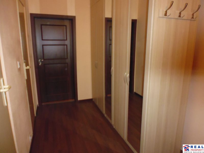 Flur mit Holzboden und Schrank in einer 2-Zimmer-Wohnung.