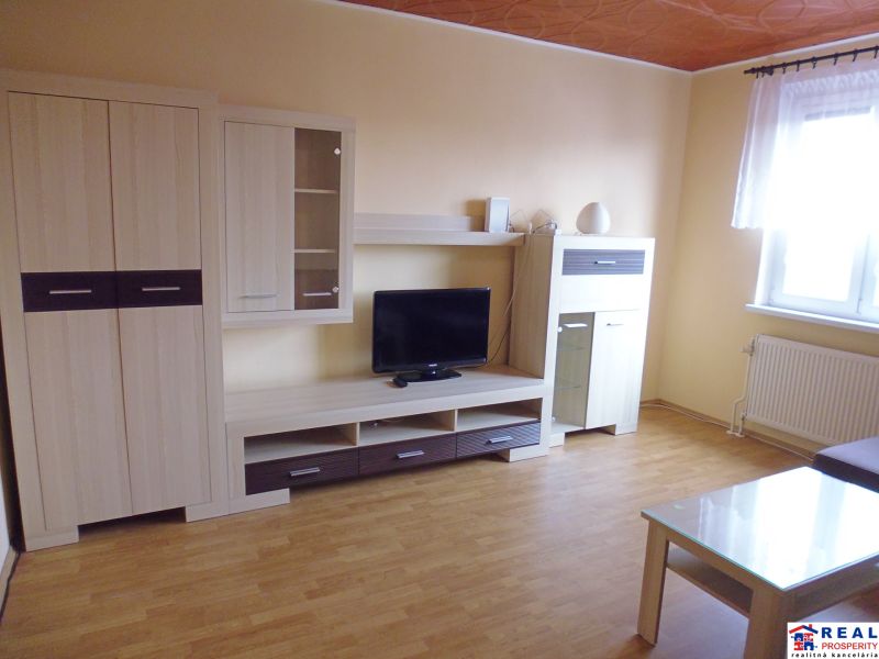 Wohnzimmer in einer 2-Zimmer-Wohnung mit Möbeln, TV und Bodenbelag in Holzoptik.