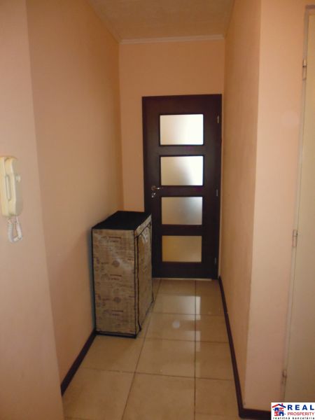 Flur in einer 2-Zimmer-Wohnung mit dunklen Türen und hellem Boden.