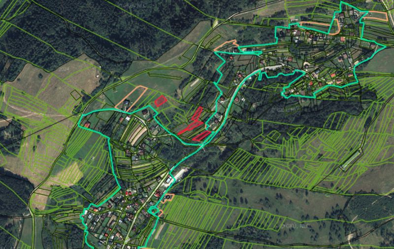 Karte der landwirtschaftlichen und forstwirtschaftlichen Flächen in der Umgebung der Stadt Svrčinovec.