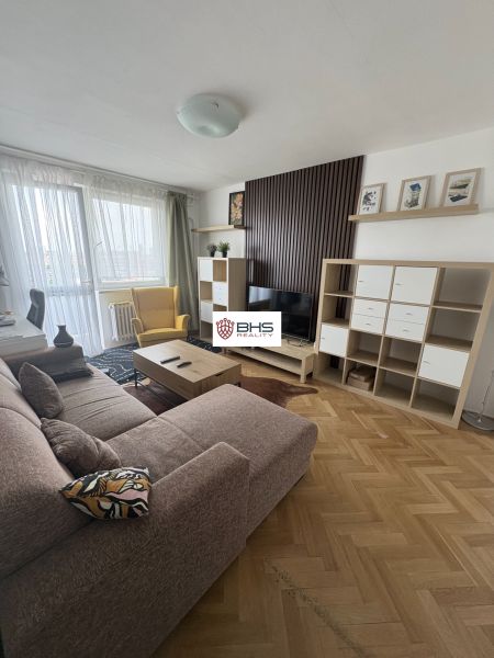 Wohnzimmer in einer 2-Zimmer-Wohnung mit Holzboden, Sofa und TV-Schrank.