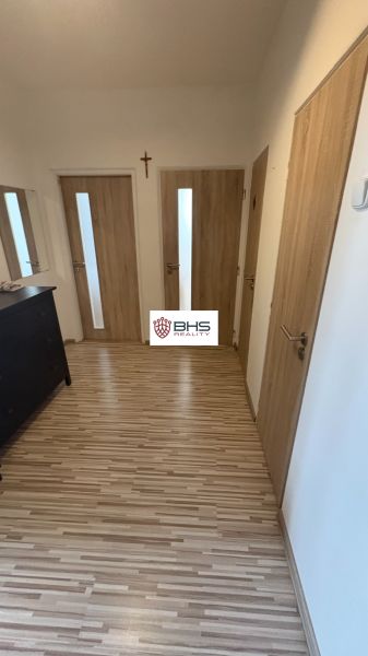Ein Flur mit mehreren Türen und einem Bodenbelag in Holzoptik in einer Zweizimmerwohnung.