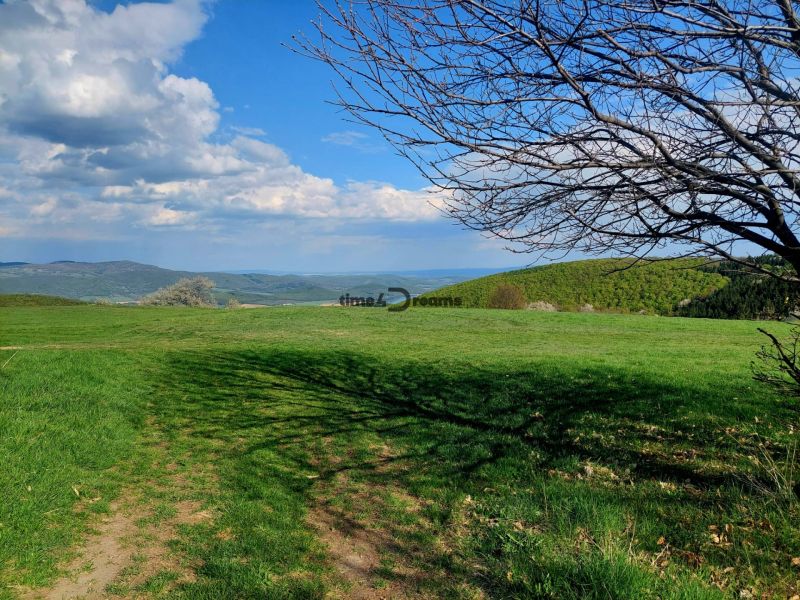 Schöne grüne Landschaft in Budiná mit Blick auf die Hügel und den blauen Himmel.