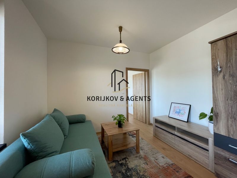 Wohnzimmer mit Holzboden, grünem Sofa und Holzmöbeln in einer Zweizimmerwohnung.