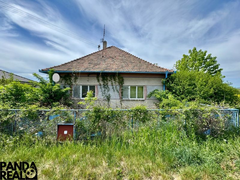 Ein Einfamilienhaus in Hajná Nová Ves mit einem bewachsenen Garten und einem schrägen Dach.