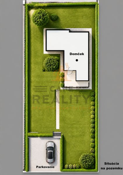 Garten eines Einfamilienhauses in Podkerepušky, Bratislava - Záhorská Bystrica, mit Parkplätzen und Gehweg.