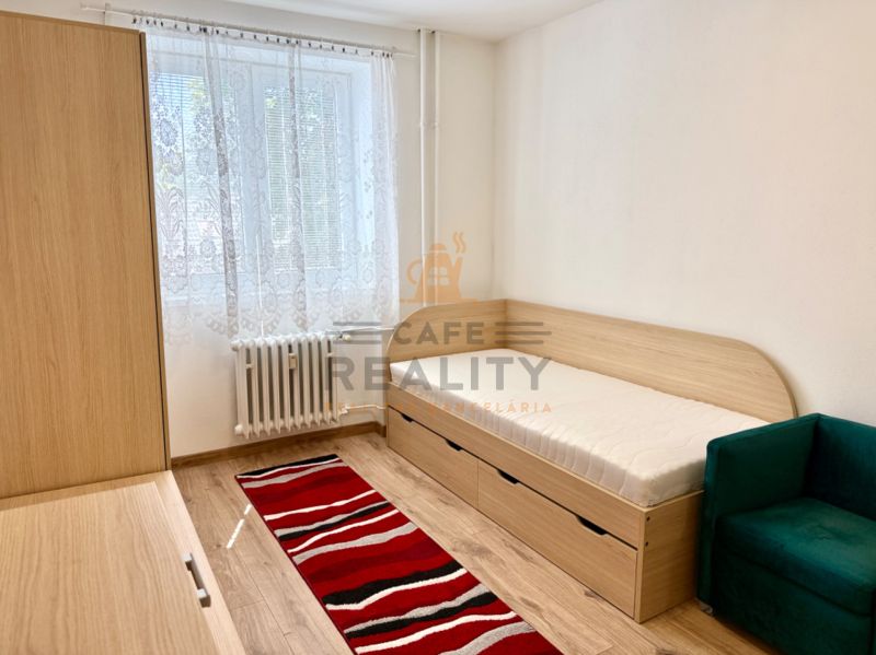Einzimmerwohnung mit hellen Möbeln, Bett, Teppich und Boden in Holzoptik.