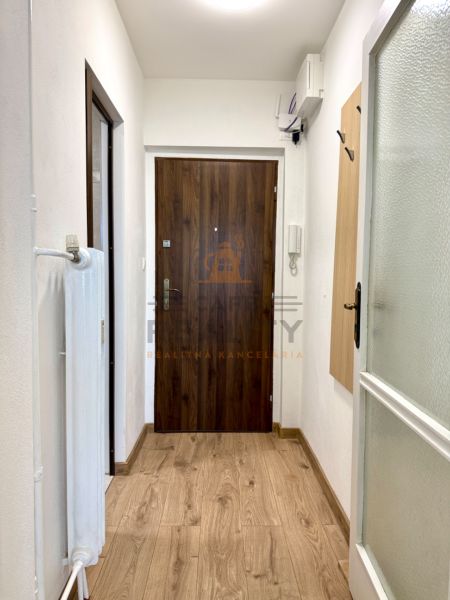 Flur in einer Einzimmerwohnung mit einem Holzboden und Holztüren.