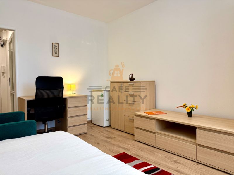 Innenraum einer Einzimmerwohnung mit Möbeln und Boden in Holzoptik.