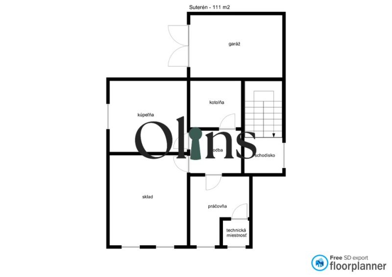 Grundriss des Kellers eines Einfamilienhauses mit Garage, Heizraum, Badezimmer und anderen Räumen.
