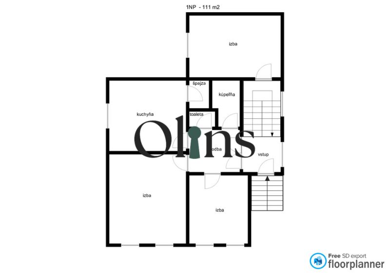 Grundriss des ersten Stockwerks eines Einfamilienhauses mit Küche, Badezimmer, Toilette und Speisekammer.