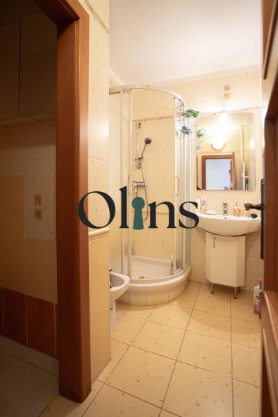Badezimmer mit einer Eckdusche und einem Waschbecken in einem Einfamilienhaus.