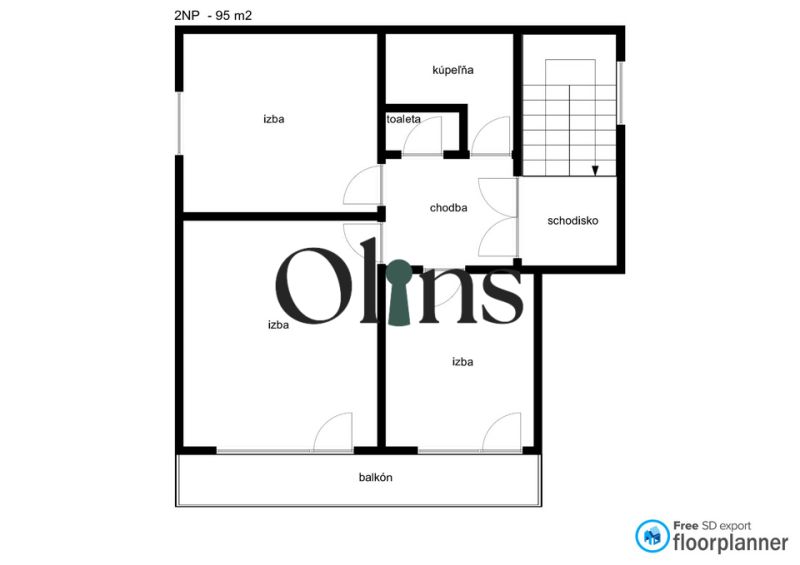 Grundriss des zweiten Stockwerks eines Einfamilienhauses mit drei Zimmern, einem Badezimmer und einem Balkon.