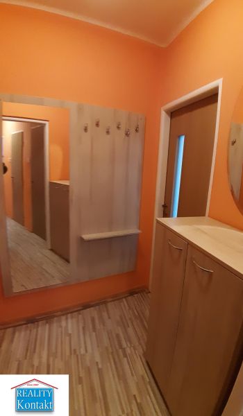 Oranger Flur mit Spiegel, Kleiderhaken und Boden in Holzoptik in einer 2-Zimmer-Wohnung.