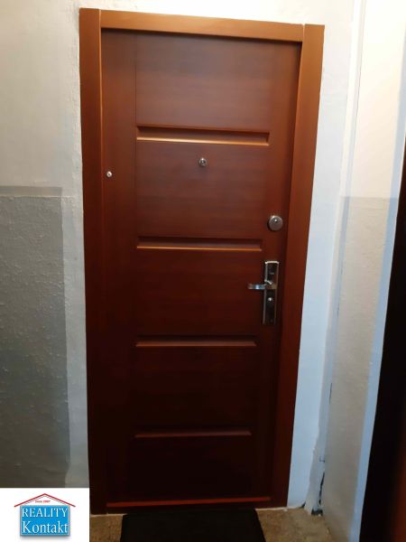 Braune Eingangstür in einer 2-Zimmer-Wohnung mit Sicherheitsbeschlägen.