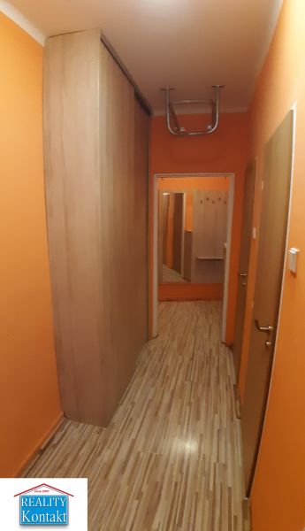 Ein Flur mit orangefarbenen Wänden und einem Boden in Holzoptik in einer Zweizimmerwohnung.