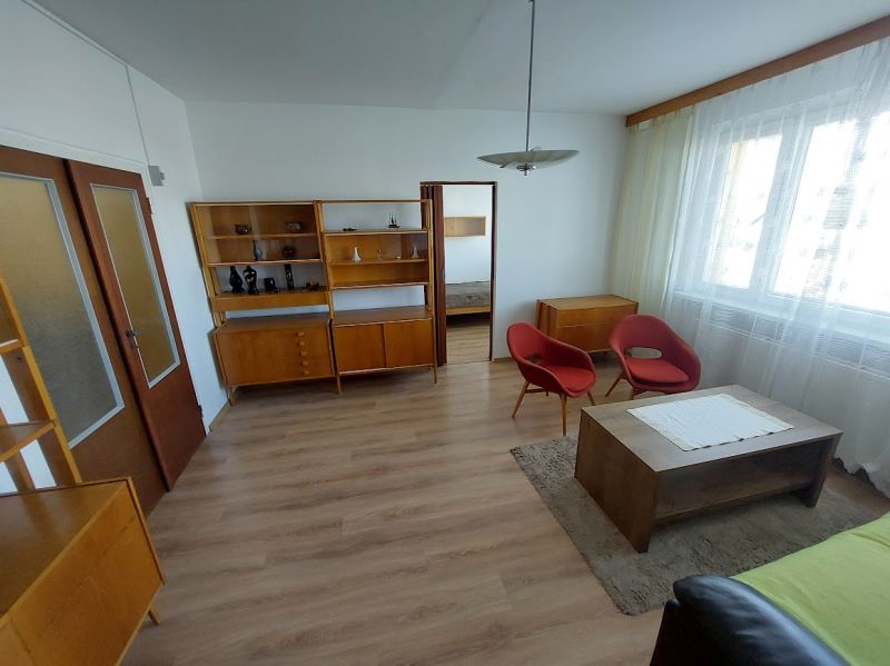 Wohnzimmer mit Retro-Möbeln in einer Einzimmerwohnung und einem Boden mit Holzdekor.