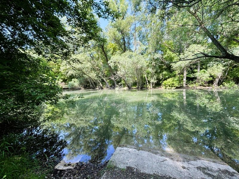 Ein von Grün umgebener Fluss bei Gabčíkovo, ein idealer Ort zur Erholung in der Nähe der Hütte.