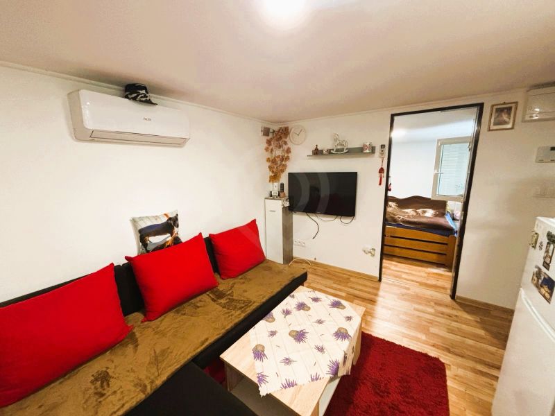 Wohnzimmer mit Sofa, roten Kissen, Fernseher und Holzboden.