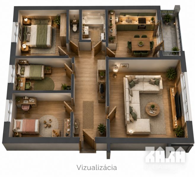 Visualisierung einer 4-Zimmer-Wohnung mit Holzboden und moderner Einrichtung.