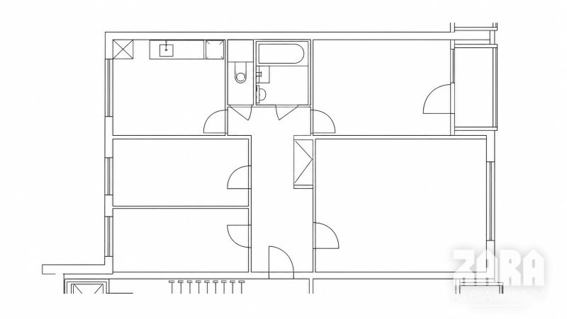 Grundriss einer 4-Zimmer-Wohnung mit gekennzeichneten Räumen und Eingängen.