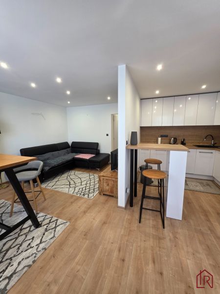 Wohnzimmer mit Küche in einer 3-Zimmer-Wohnung, Boden mit Holzdekor, Sitzgarnitur.